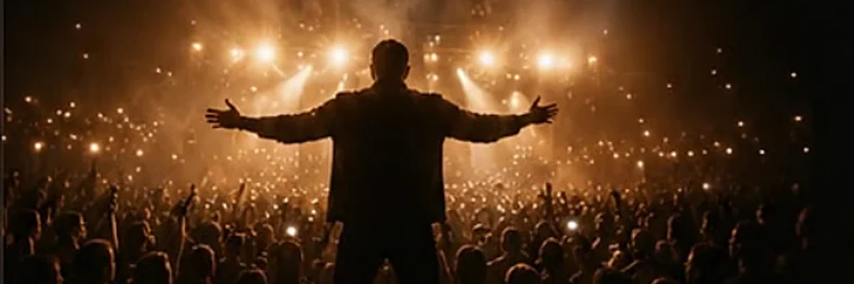 Performer facing a glowing concert audience