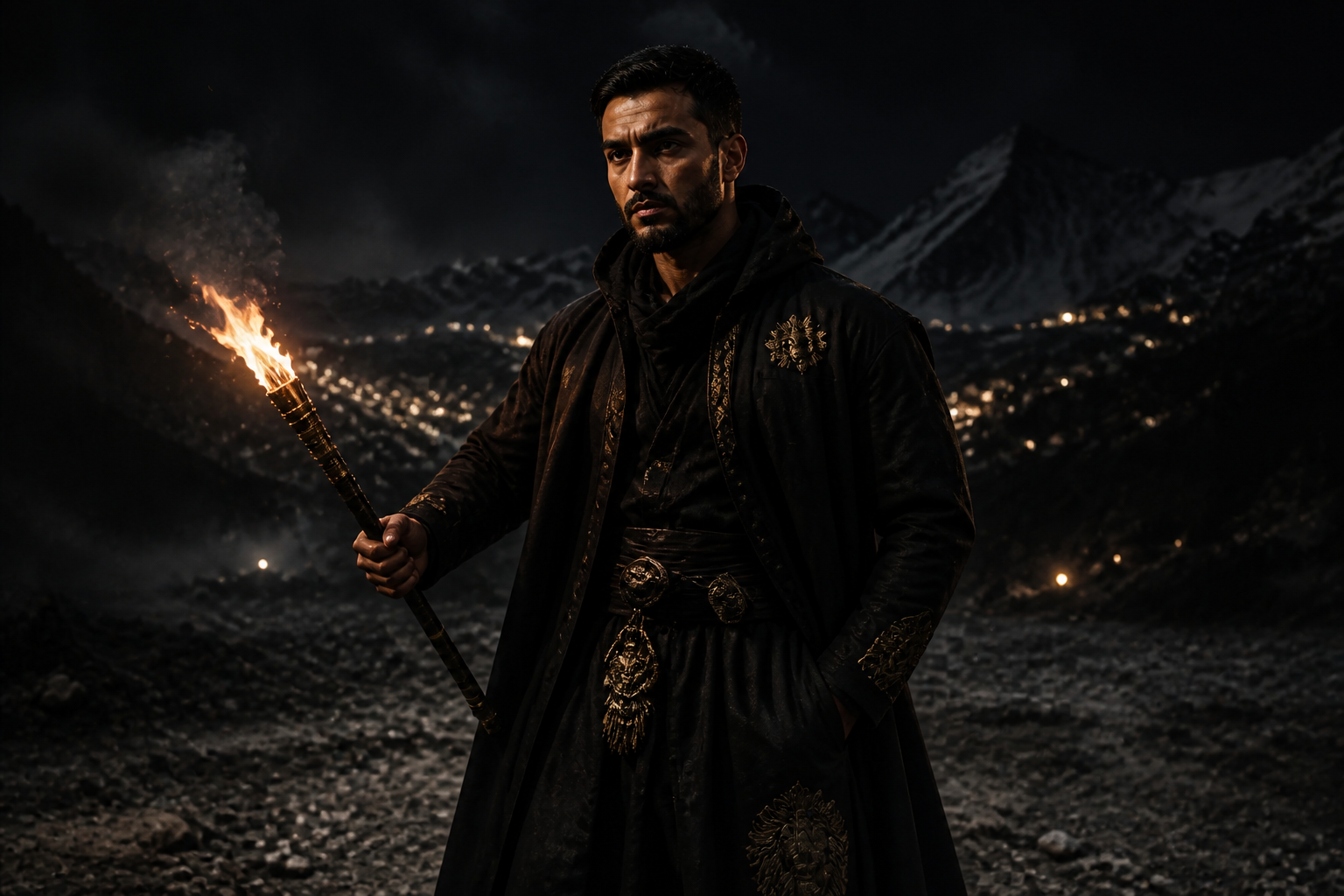 Snow Lion holding a flame in a Himalayan valley at night