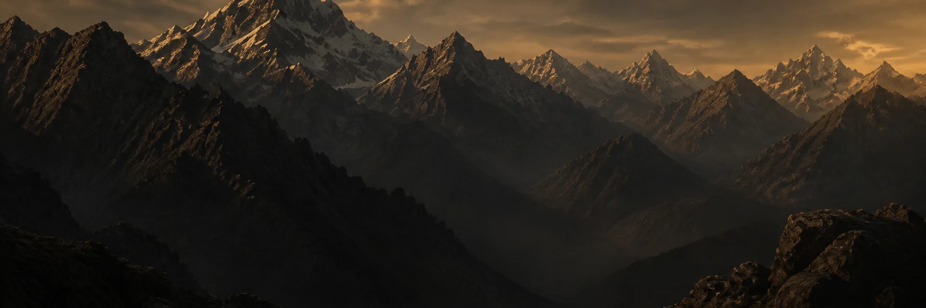 Himalayan mountain panorama under a dark sky