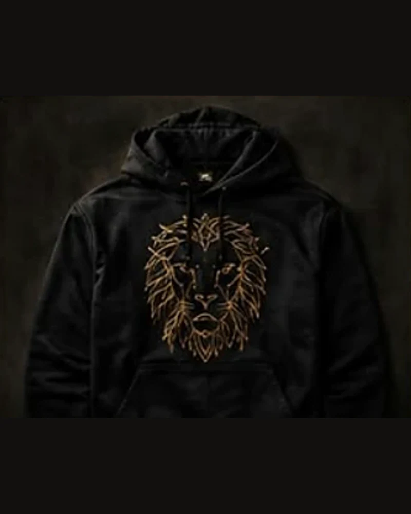 Black hoodie with a large antique-gold lion crest