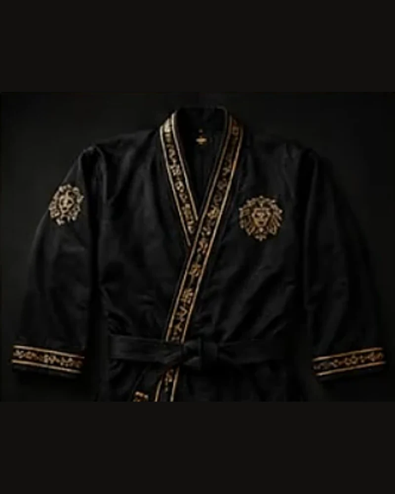 Black kimono with antique-gold lion embroidery