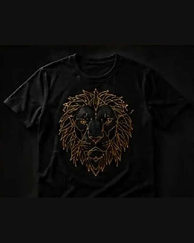 Black T-shirt with a gold lion crest