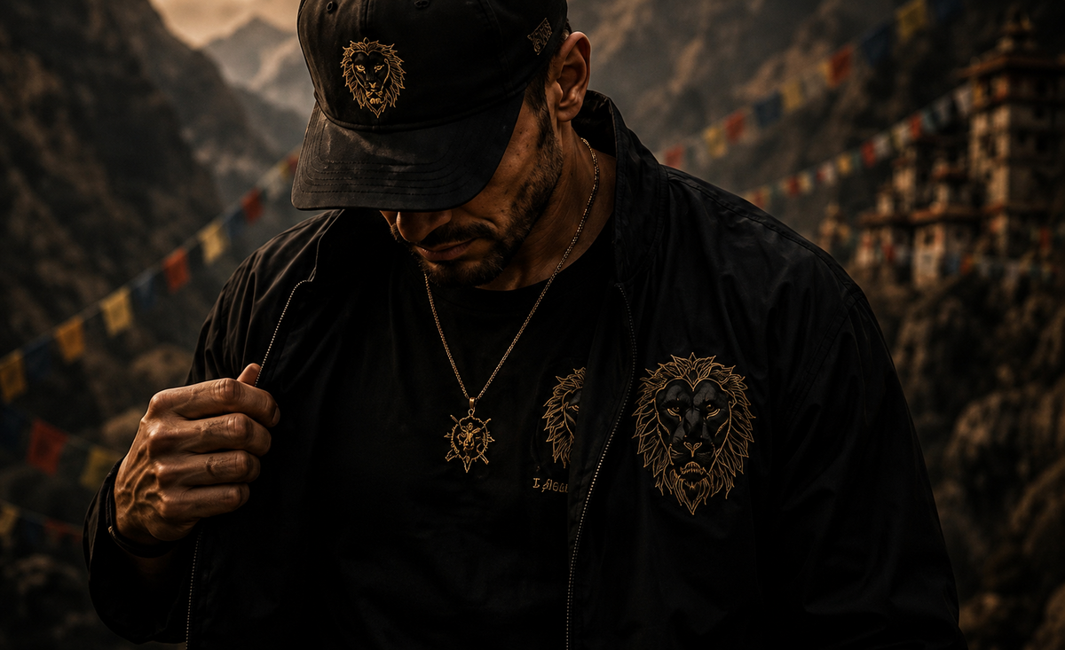 Snow Lion wearing embroidered black apparel