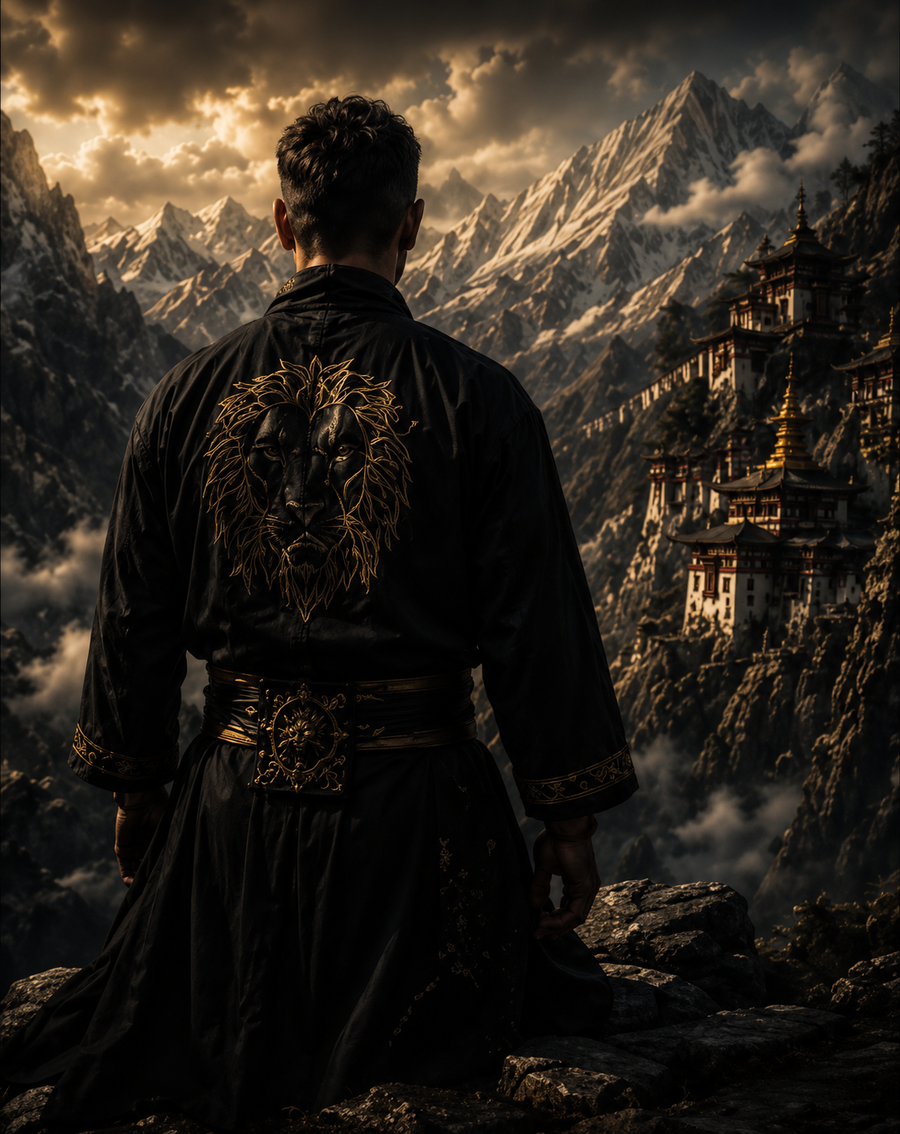 Snow Lion standing before Himalayan peaks