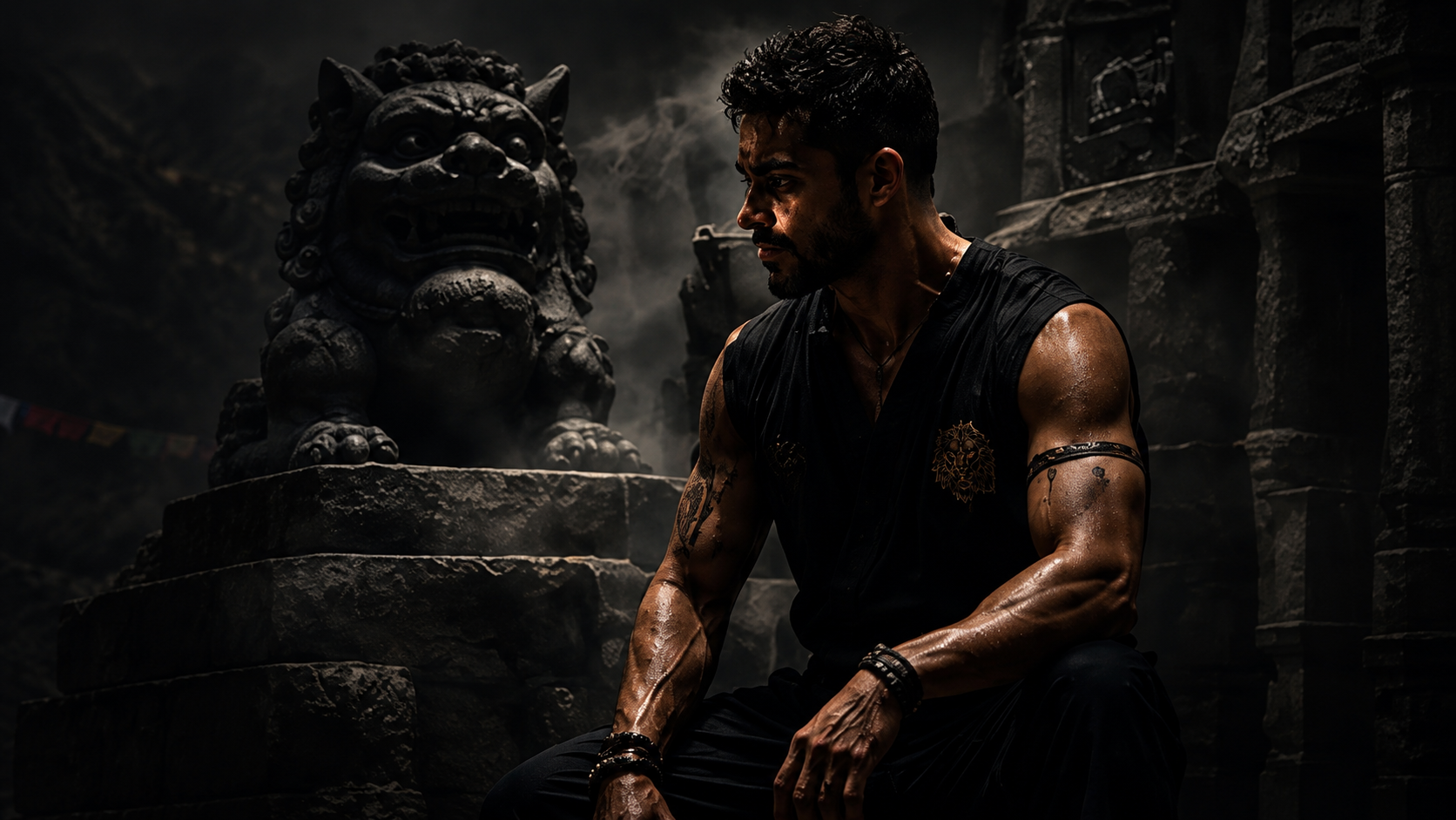 Snow Lion seated beside a stone lion in a temple setting