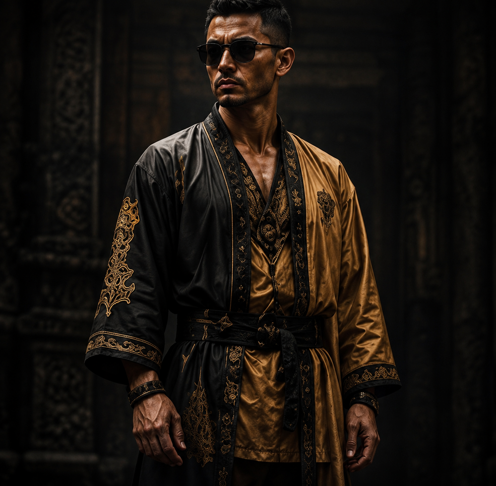 Model wearing a black and gold jacket