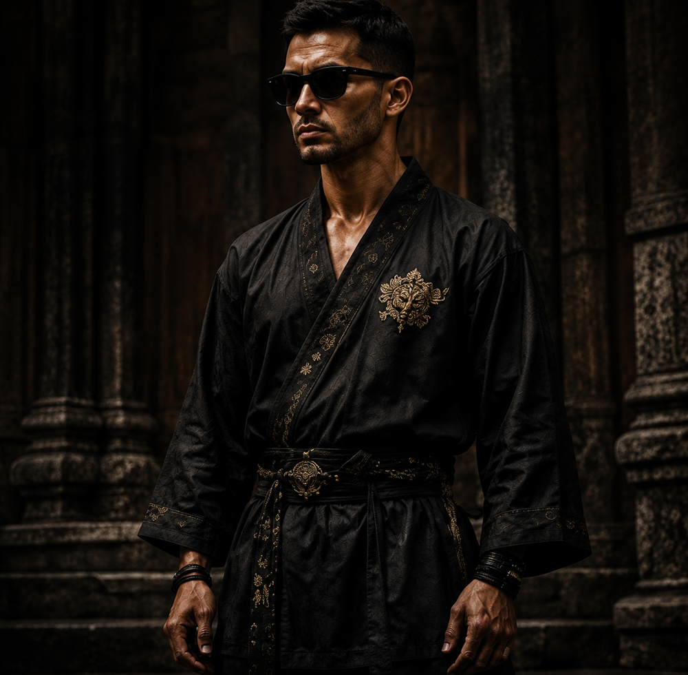 Model wearing a black embroidered warrior robe