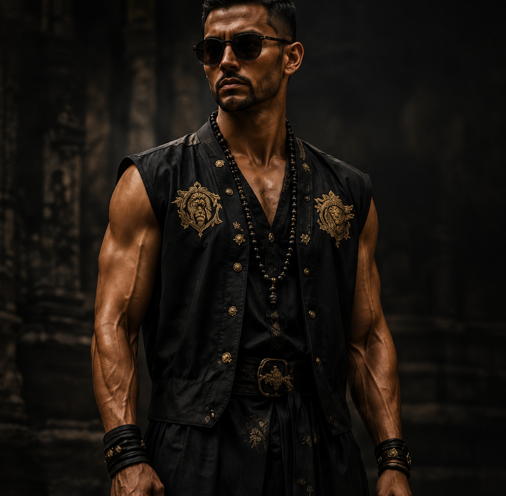 Model wearing a sleeveless black temple vest